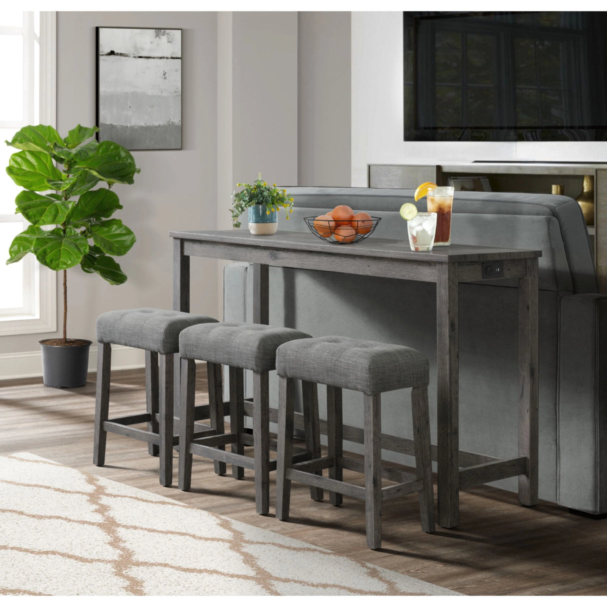 Oak Lawn Charcoal Grey Bar Table Single Pack (Table + 3 Grey Fabric Stools)