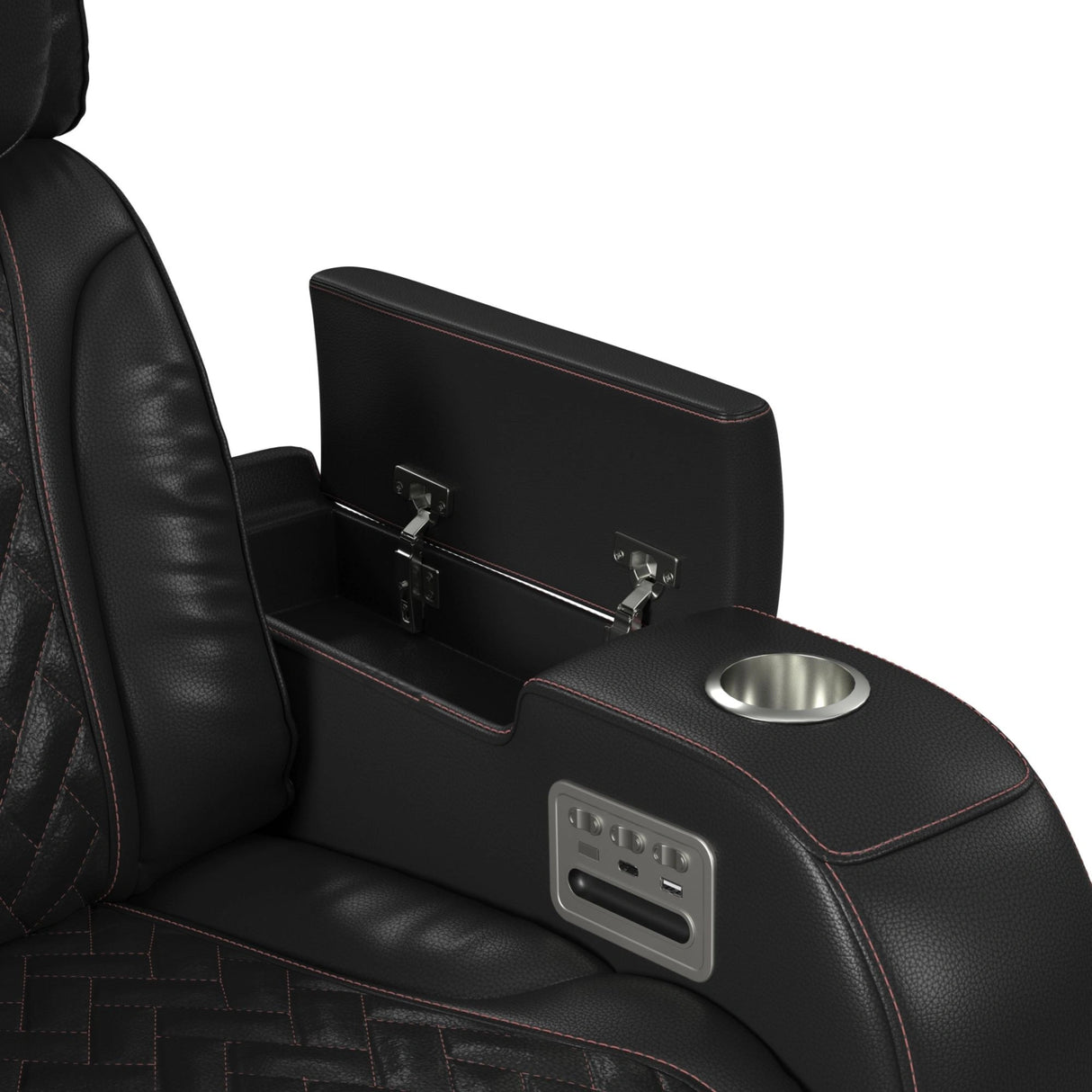 Prime Time P3 Loveseat with LED, wireless charger pocket, and Console in Jett Black with Red Stitching