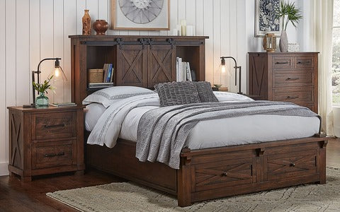 SUVRT5031 Queen Bookcase Headboard W/Footboard Storage - Rustic Timber
